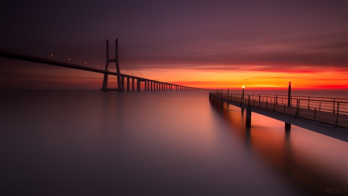 Vasco da Gama Bridge at sunset, Lisbon, Portugal 4K