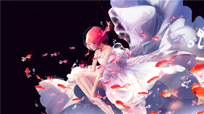 Girl with orange hair and goldfish in space