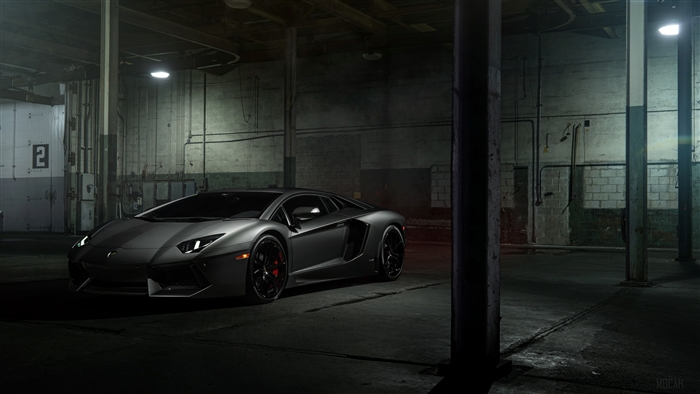 Lamborghini Aventador in a dark warehouse