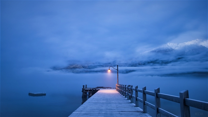 Pier in Fog with Mountains 4K