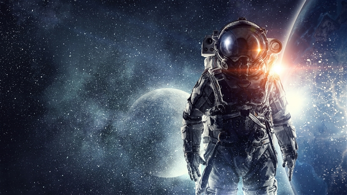 Astronaut in deep space with planets