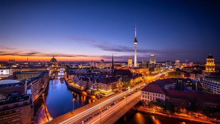 Berlin Cityscape at Night with River in 4K