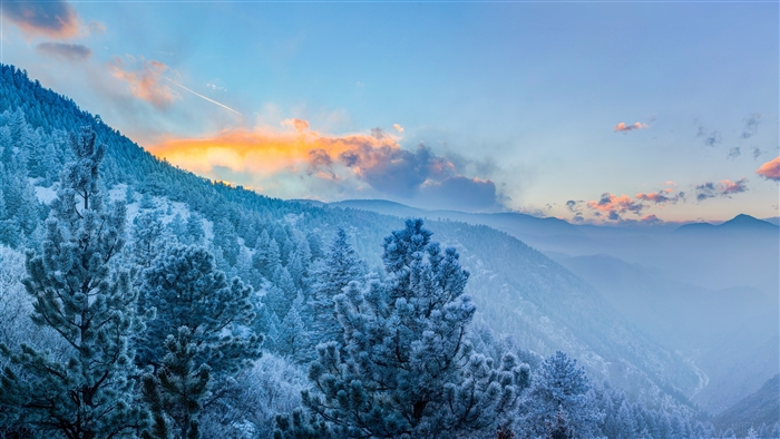 Winter forest landscape with mountains at sunrise 4K