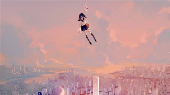 Girl in school uniform hanging from umbrella over city