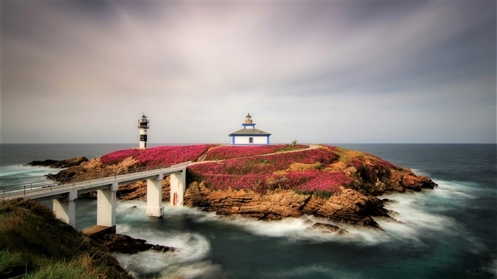 Island with lighthouses and bridge in Spain 4K