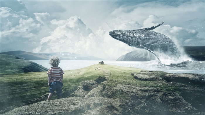 Boy watching a whale jump out of the ocean