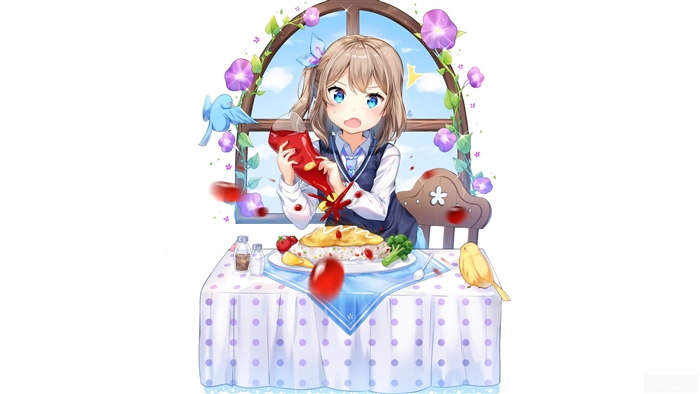 Girl adding ketchup to omurice