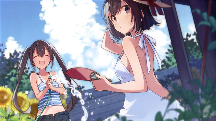 Two girls watering sunflowers on a sunny day