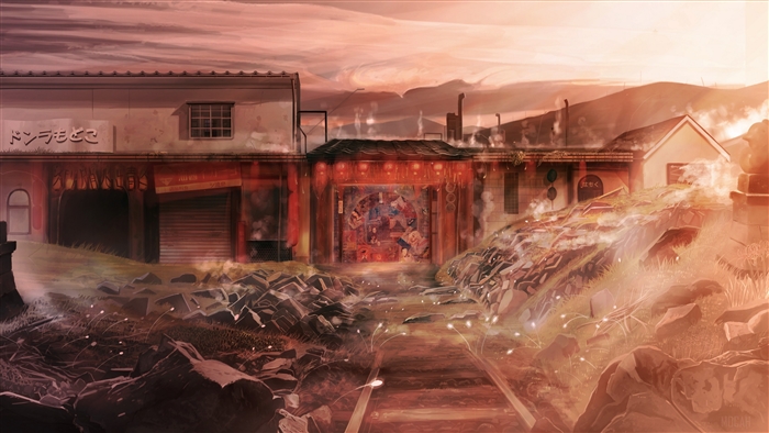 Industrial landscape with Japanese architecture at sunset