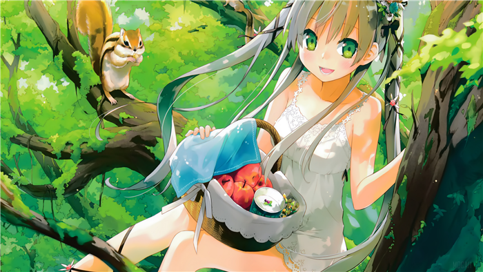 Anime girl with basket and squirrel in forest