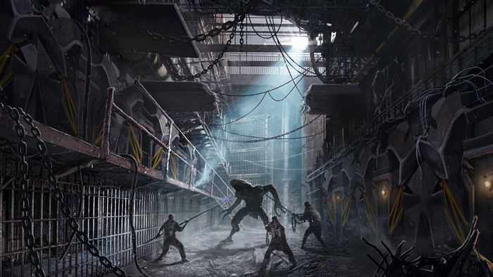 Creature and people in a ruined industrial prison 4K