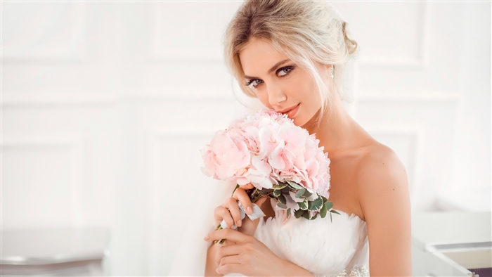 Beautiful Blonde Bride Holding Pink Bouquet 4K