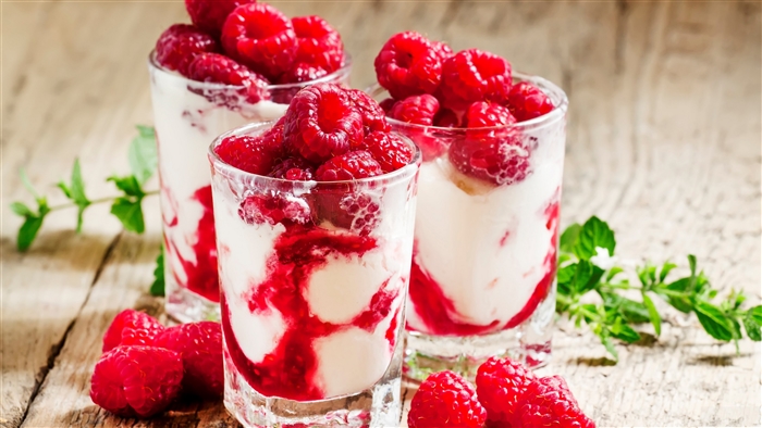 Fresh Raspberry and Yogurt Dessert in Glasses