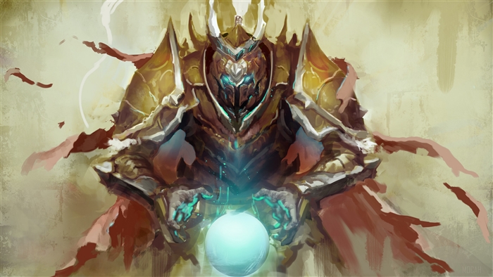 Warrior in golden armor holding a magic sphere