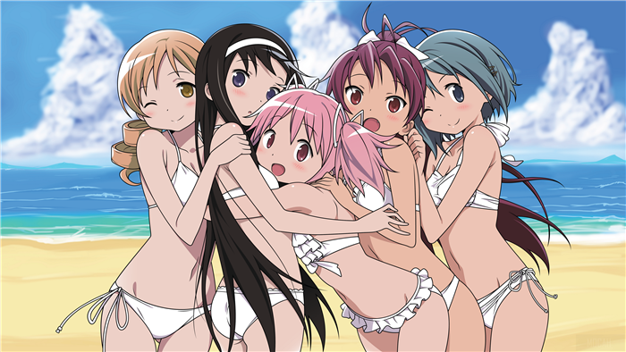 Madoka Magica girls on a beach 4K