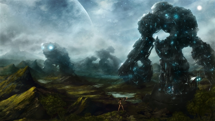 Giant Robots in a Misty Landscape 4K