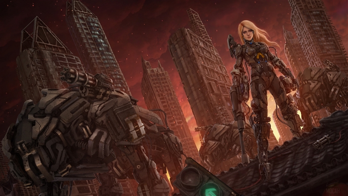 Blonde Cyborg Woman Warrior with Robot in Ruined City 4K