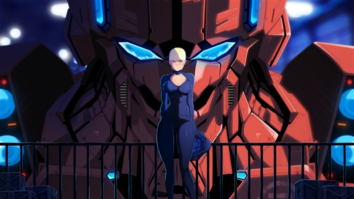 Woman in blue suit with blonde hair in front of a red mecha