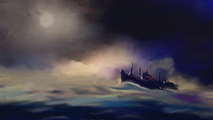 Painting of a boat on the ocean under clouds 4K