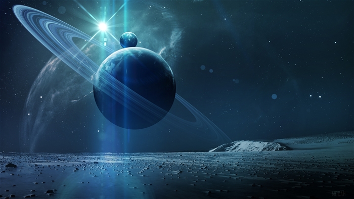 Planet with Rings and Moon in Space 4K