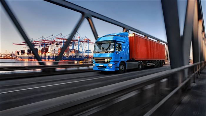 Blue truck with orange container on a bridge 4K