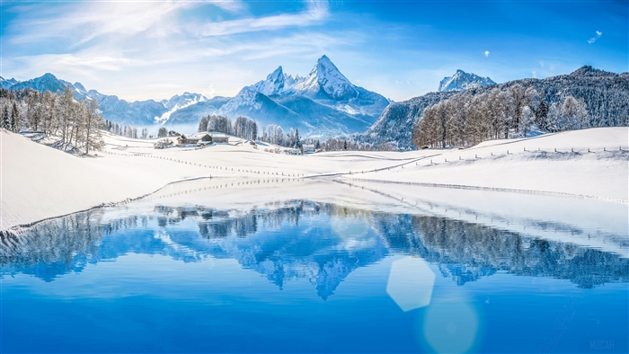 Snowy Mountain Peak Reflection on Winter Lake 4K