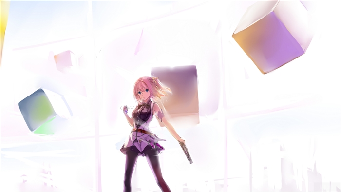 Anime girl with pink hair holding a gun