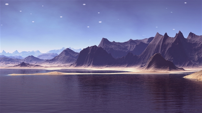 Alien landscape with mountains and water