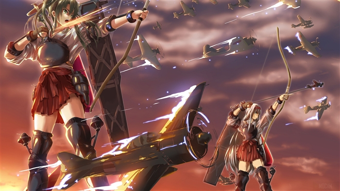 Shoukaku and Zuikaku from Kantai Collection with Airplanes 4K