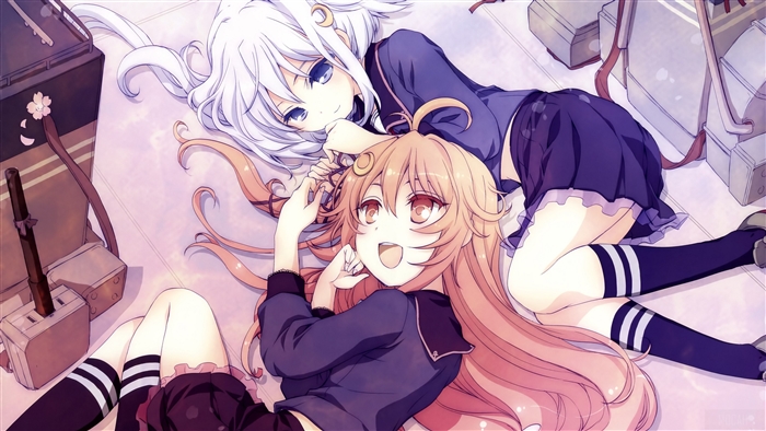 Two anime girls lying down