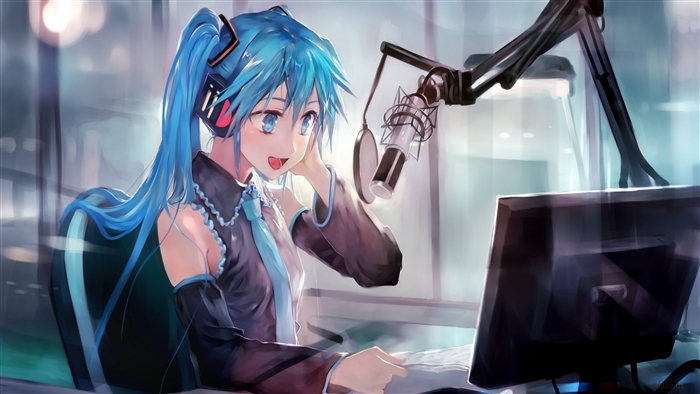 Hatsune Miku in a recording studio 4K