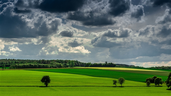 Green fields and stormy clouds landscape 4K