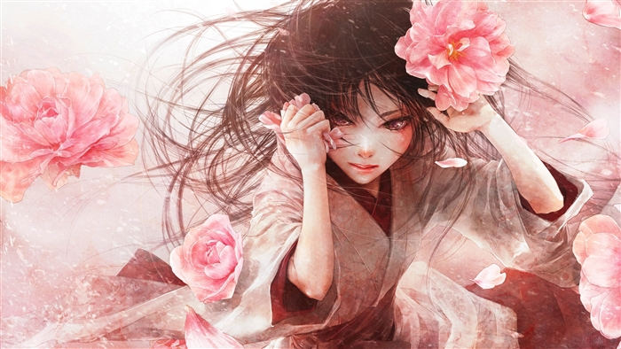 Anime girl with pink flowers