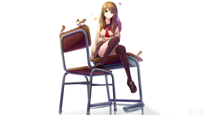 Anime girl sitting on a school desk with birds