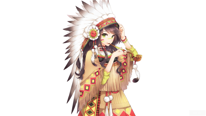 Anime girl in Native American headdress holding a pipe
