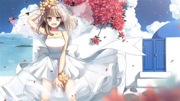 Anime girl in white dress with flowers