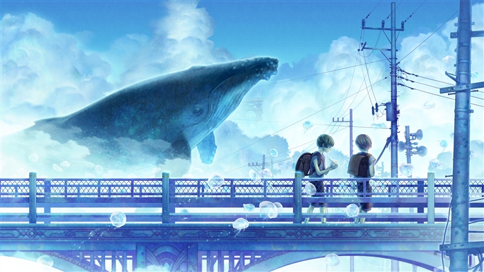 Whale in the Sky over Bridge with Children