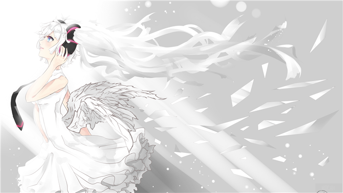 Hatsune Miku with white wings and headphones