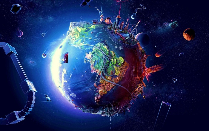 Surreal Earth planet in outer space with structures