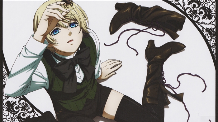 A young boy with blonde hair and blue eyes, a spider on his hand, and dark boots