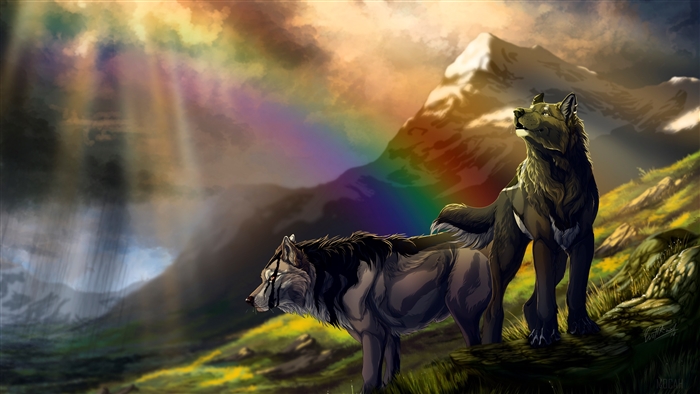 Two wolves in a mountain landscape with a rainbow