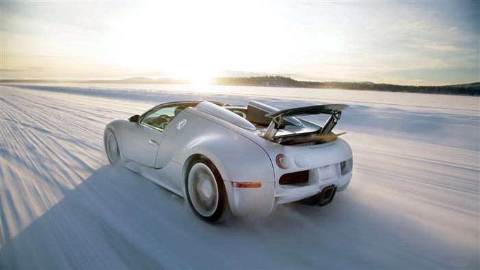 Bugatti Veyron driving on a frozen lake