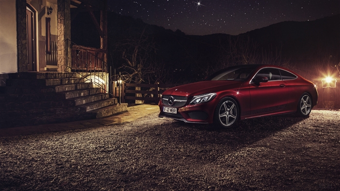 Red Mercedes-Benz C-Class Coupe at Night