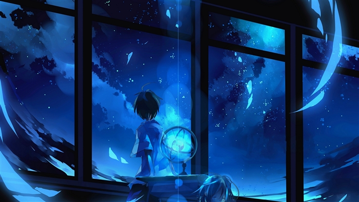 Two anime characters looking out a window at a starry night sky