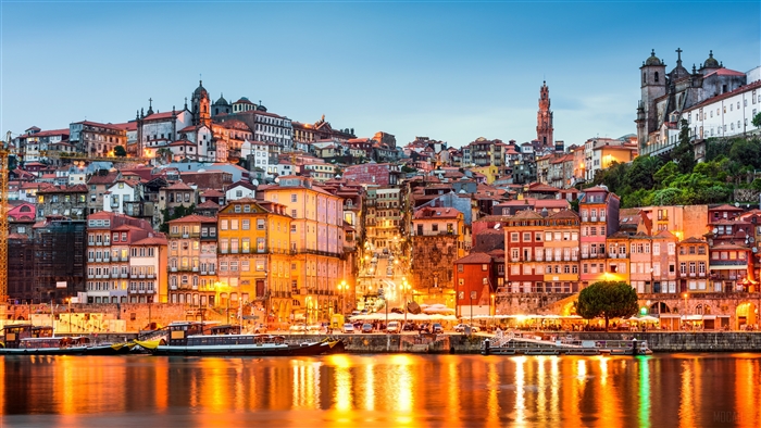 Colorful buildings along the Douro River in Porto, Portugal 4K