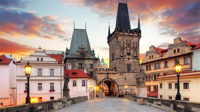 Charles Bridge towers and buildings in Prague, Czech Republic 4K