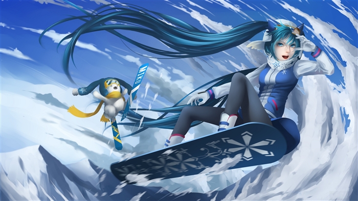 Hatsune Miku snowboarding with a penguin character