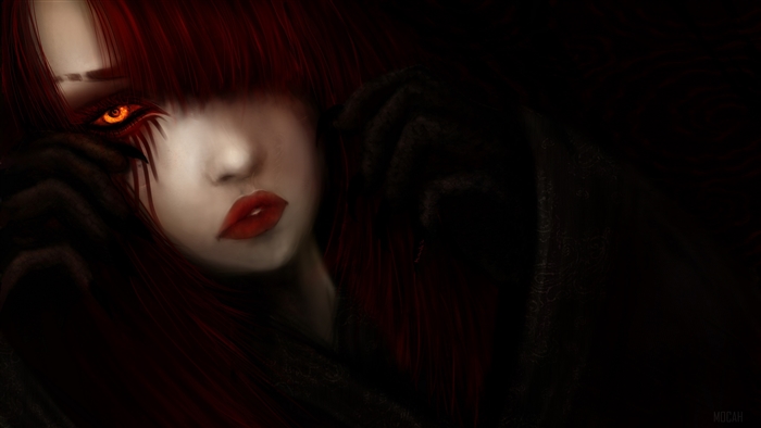 Dark fantasy woman with red hair and glowing eyes