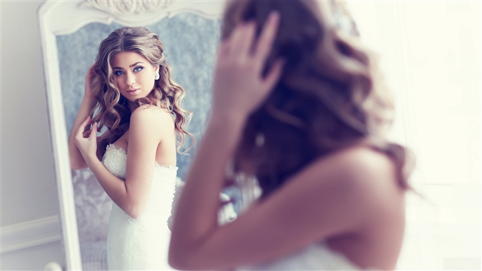 Bride with Blue Eyes in Wedding Dress Reflection 4K