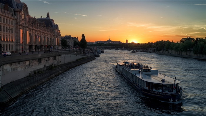 Passenger Ship on the Seine River in Paris at Sunset 4K